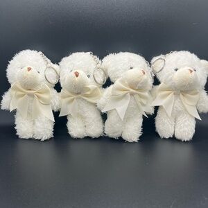 4 White Teddy Bear Keychains with Cream Bows